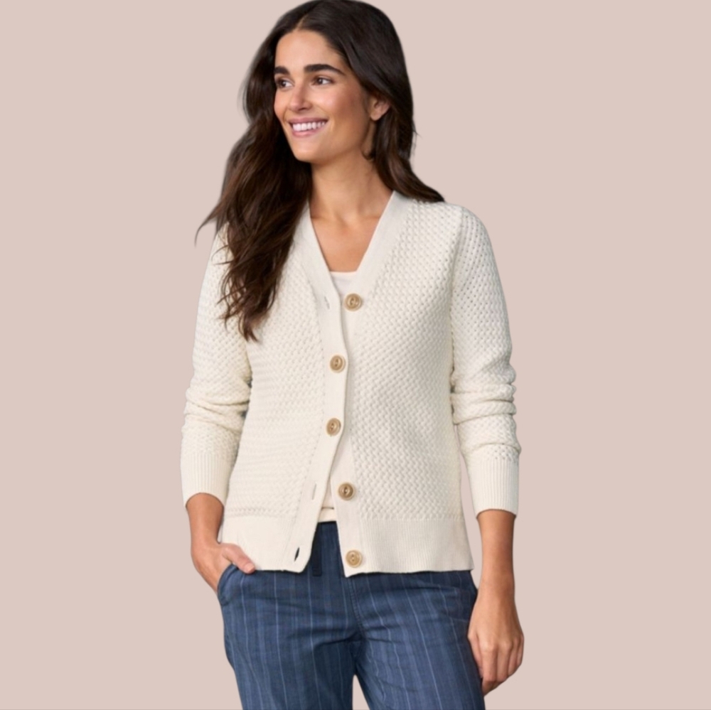 LL Bean Basketweave Cardigan Size Medium Color Sea Salt (Cream)